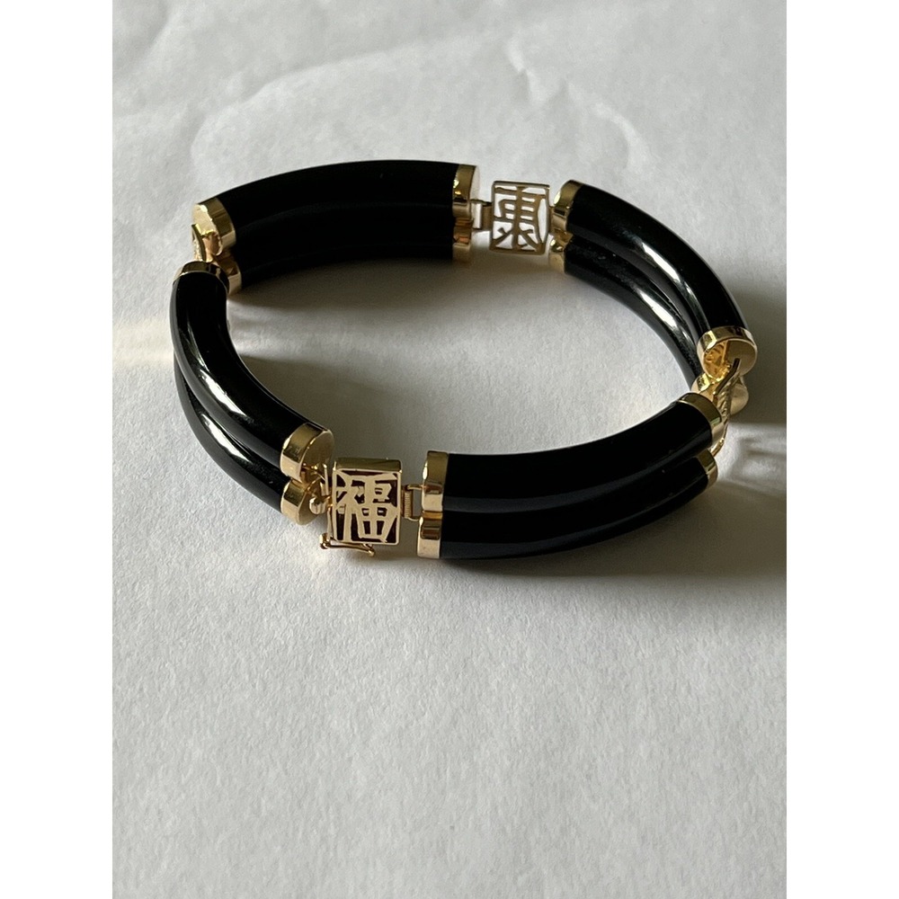 14k Yellow Gold Black Onyx Chinese Asian Fortune Double Bar Link Bracelet 30g